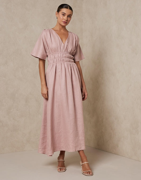 Aere - Linen Shirred Midi Dress